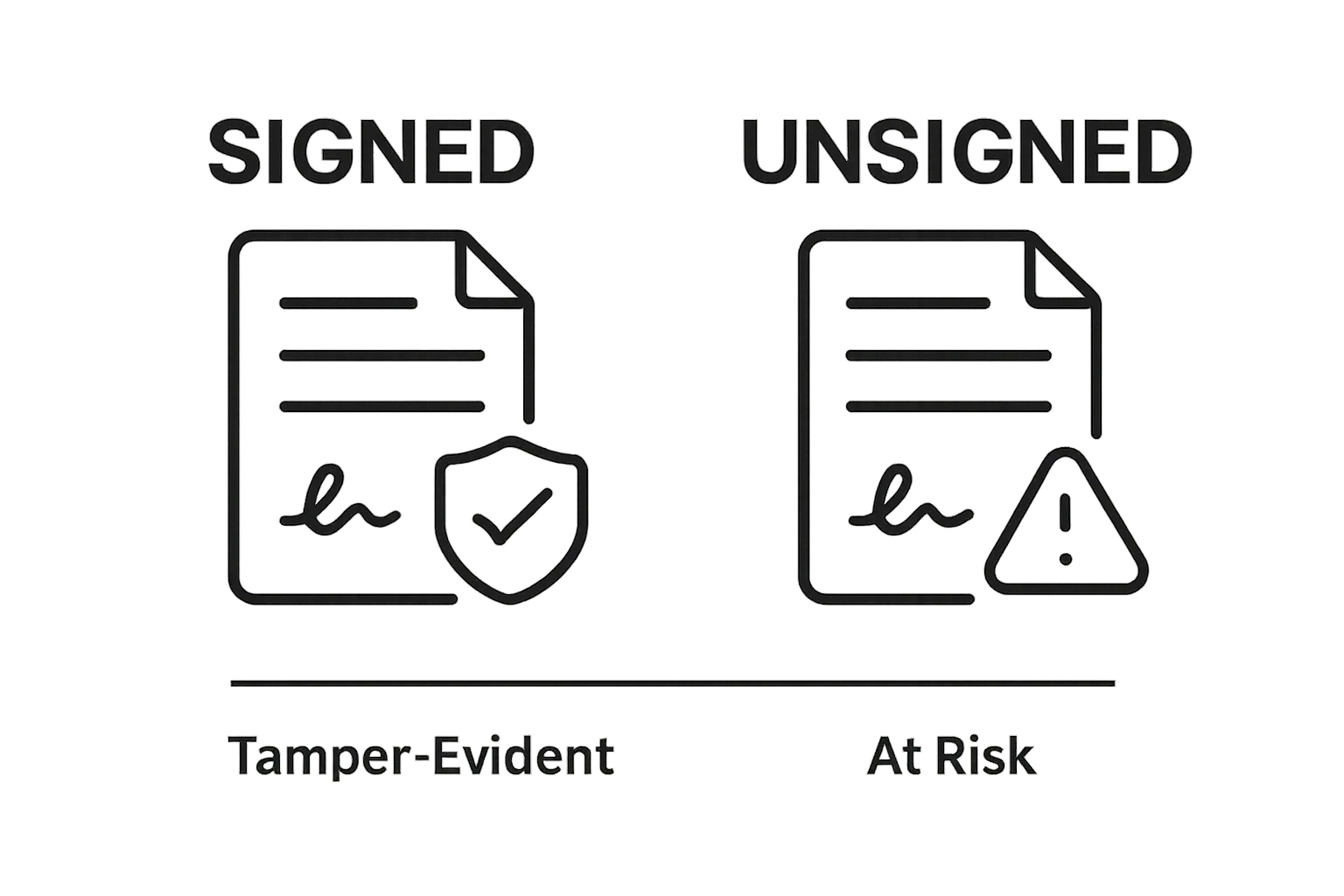 Why Digital Document Authentication Matters in Court 2 Infographic comparing secure signed and insecure unsigned digital documents