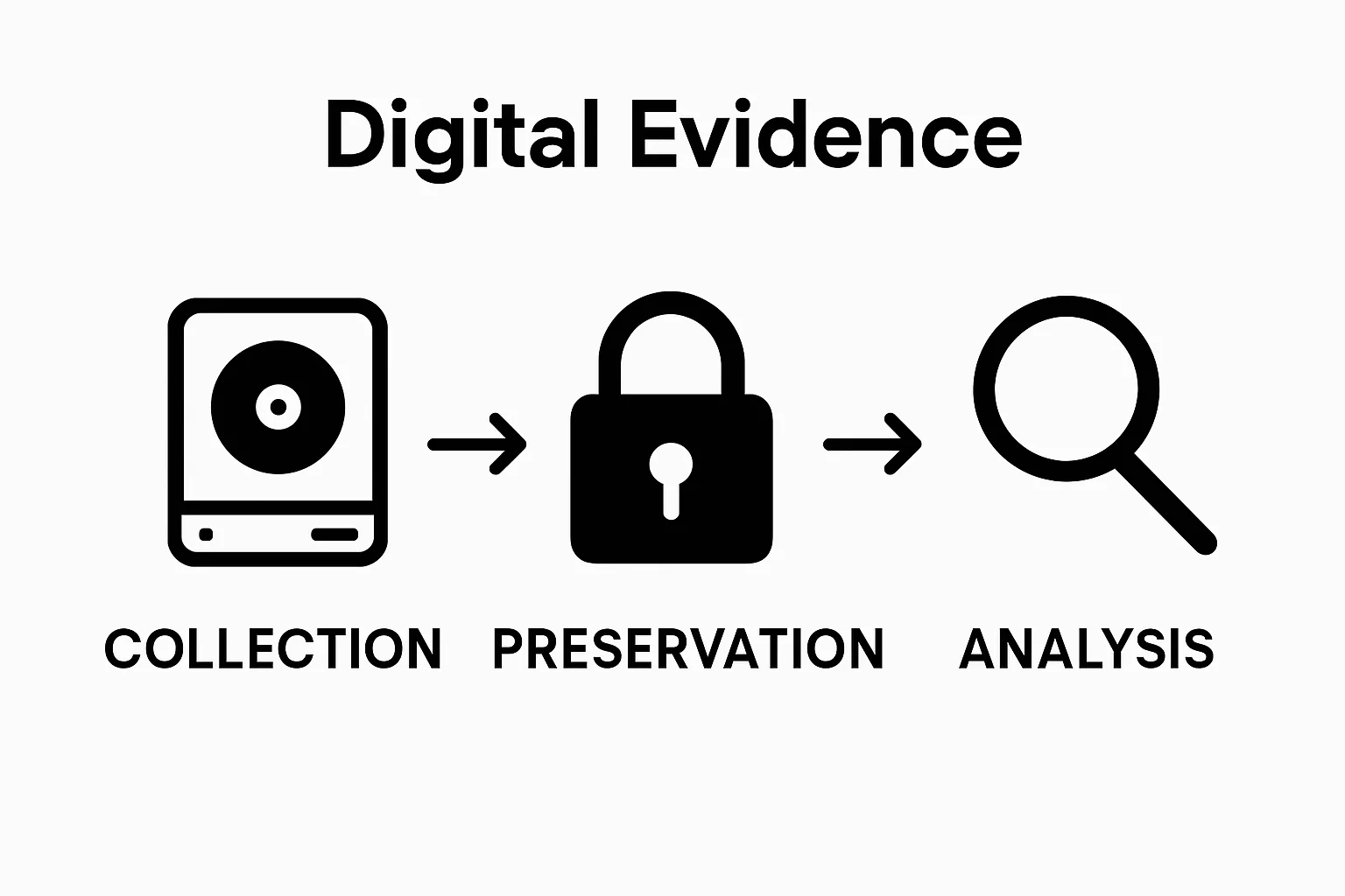 Infographic showing the three steps: collection, preservation, and analysis of digital evidence