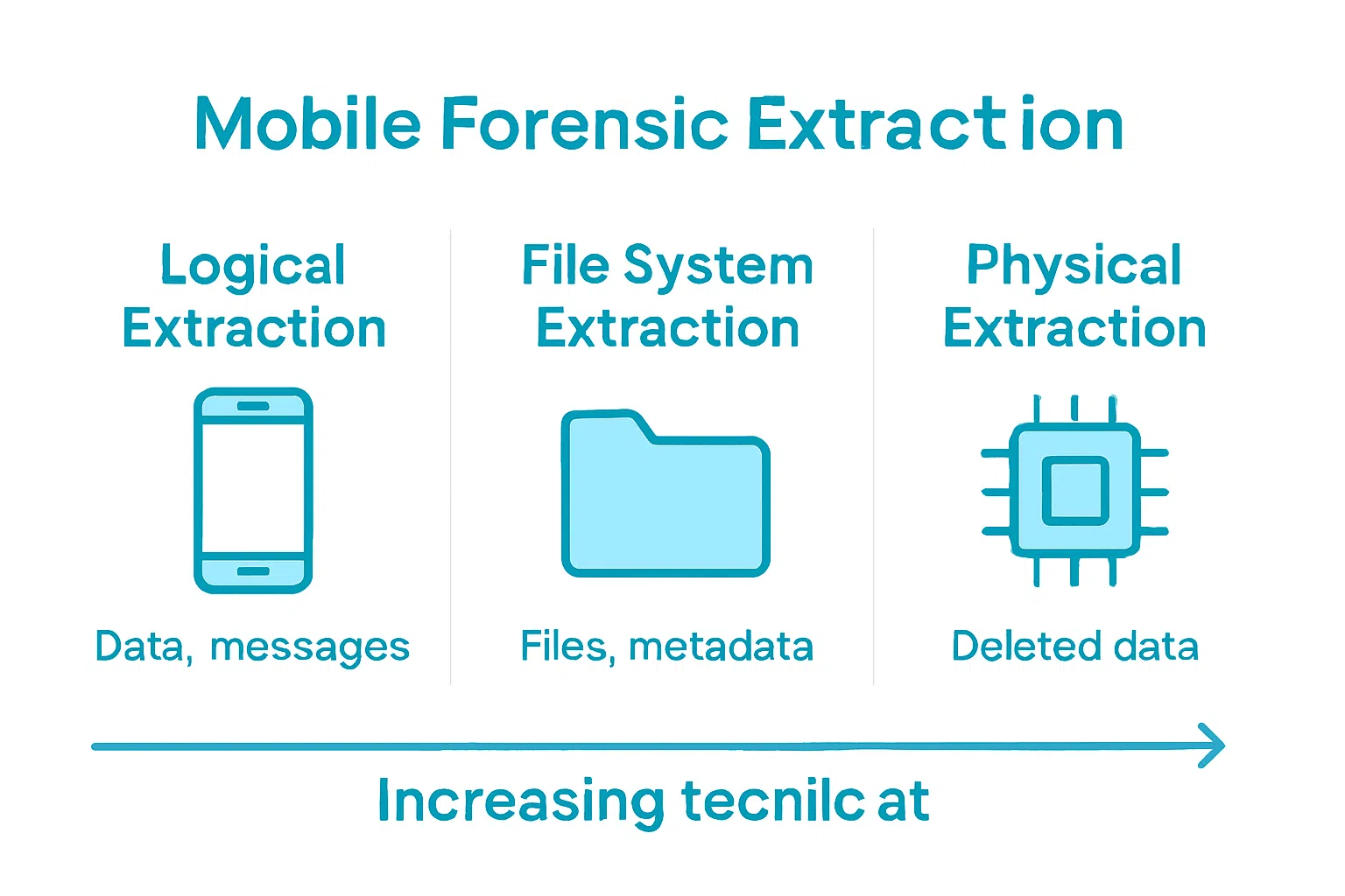 Complete Guide to Mobile Forensics Benefits 2 Infographic comparing three mobile forensics extraction techniques.