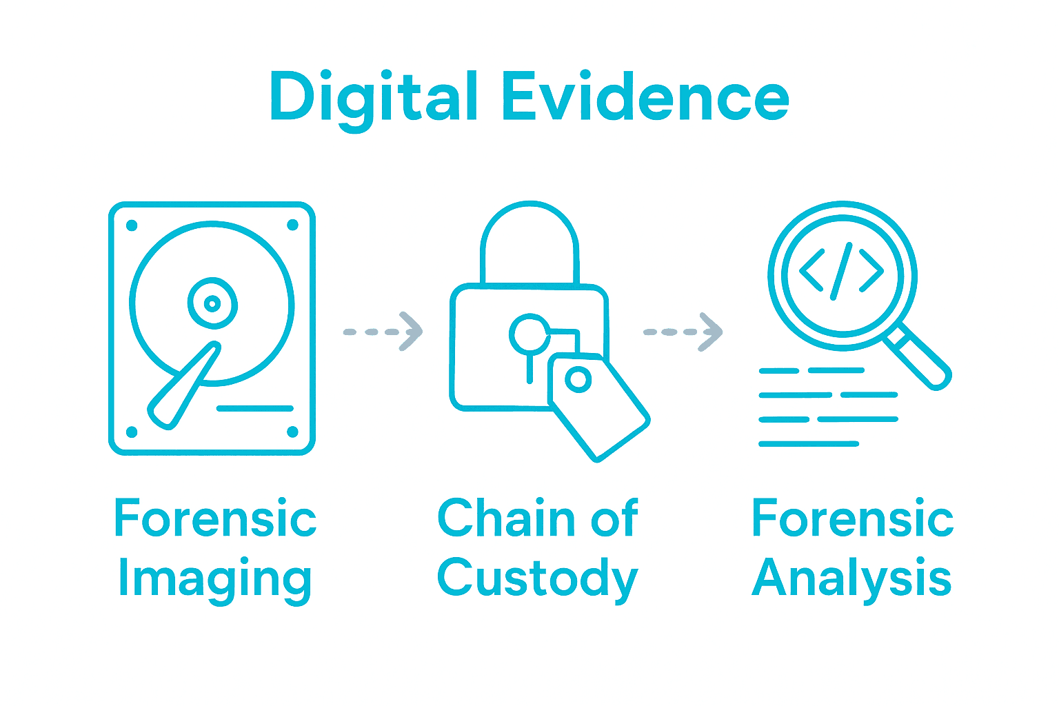 Infographic shows core steps: Forensic Imaging, Chain of Custody, and Forensic Analysis.