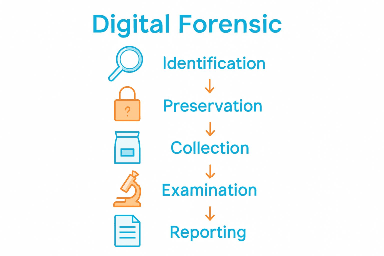 Infographic showing five stages of digital forensic analysis process with icons for each step.