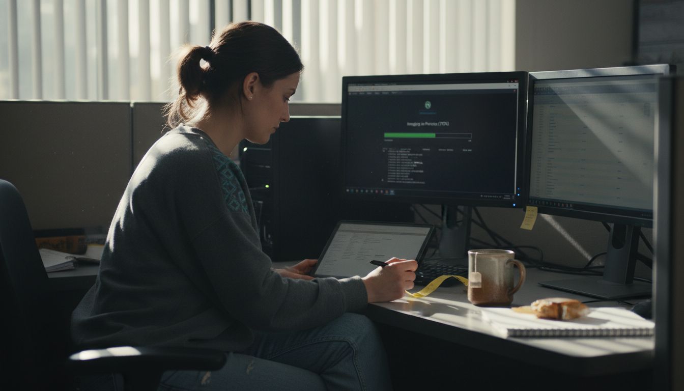 Investigator imaging evidence at cubicle desk