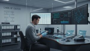 Computer forensics expert analyzes evidence in lab