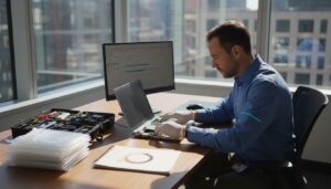 Forensics analyst at office desk with equipment