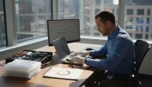 Forensics analyst at office desk with equipment