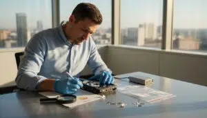 Forensic examiner assessing digital evidence workstation