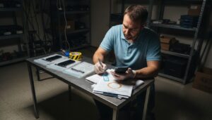 Investigator labels smartphone in cluttered forensic lab