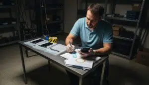 Investigator labels smartphone in cluttered forensic lab