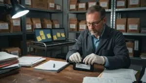 Forensic analyst labeling digital evidence in office