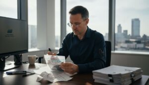 Forensic expert organizing digital evidence in office