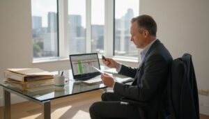 Investigator analyzing data in corporate office