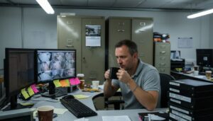 Forensic analyst examining CCTV footage workspace