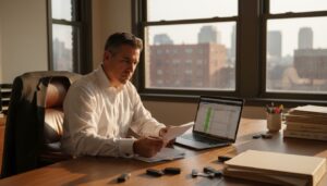 Legal investigator reviewing digital evidence in office