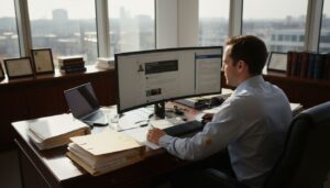 Legal investigator reviewing social media evidence at desk