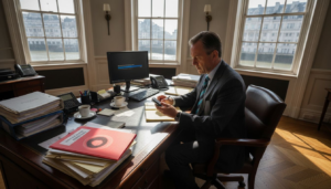 Lawyer at cluttered desk reviews data recovery