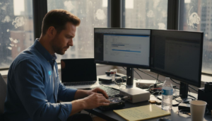 Forensic investigator working with hard drive evidence