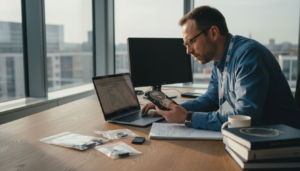 Forensics expert analyzing evidence in busy office