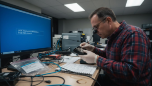 Forensic analyst reviewing hard drive evidence