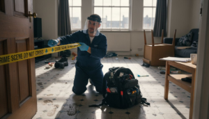 Forensic investigator sealing crime scene doorway