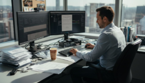 Forensic analyst writing digital report in office