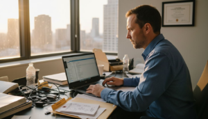 Digital forensics expert reviewing computer evidence