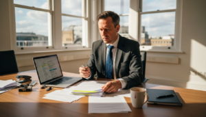 Lawyer examining digital evidence in office