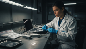 Forensic analyst cataloguing evidence in lab