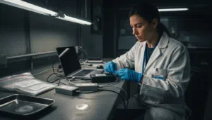 Forensic analyst cataloguing evidence in lab