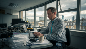 Digital forensics investigator reviews evidence in office