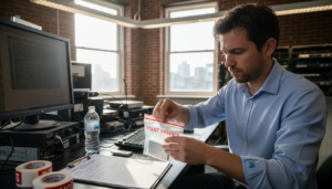 Digital forensics specialist securing evidence in office