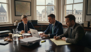 Lawyers reviewing evidence in a busy office