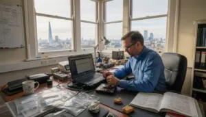 Forensic analyst extracting data from hard drive