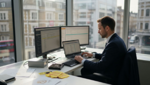 Forensic analyst documenting digital evidence in office