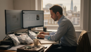 Forensic analyst reviewing digital evidence in office