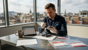 Forensic analyst examines damaged hard drive for evidence
