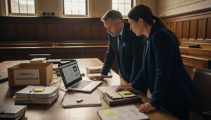 Barristers reviewing digital evidence in courtroom