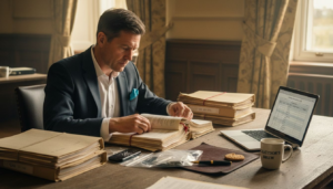 Forensic expert reviewing evidence in courthouse