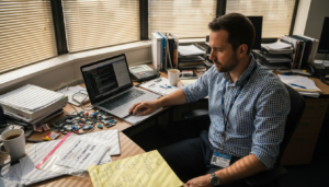 Forensic consultant reviewing digital evidence at desk