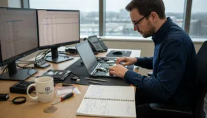 Forensics expert examining digital evidence in office