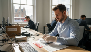 Forensic expert securing digital evidence workstation