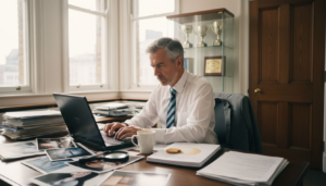 Forensic expert composing legal report at cluttered desk