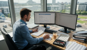 Forensics investigator reviewing digital evidence in office