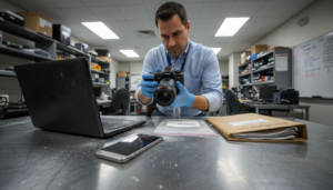 Forensic analyst documents evidence in a lab