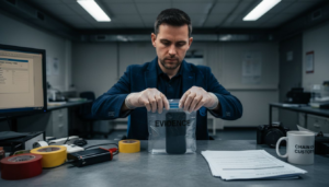 Forensic investigator preserving digital evidence in lab