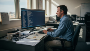 Investigator reviewing evidence in cluttered office