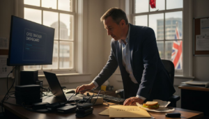 Forensics analyst connecting laptop in government office