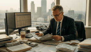 Forensic accountant reviewing evidence in city office