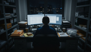 Forensic analyst reviews digital evidence in office