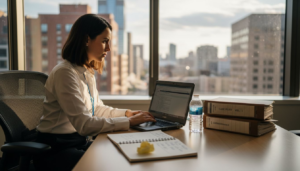 Forensic expert compiling evidence in corner office