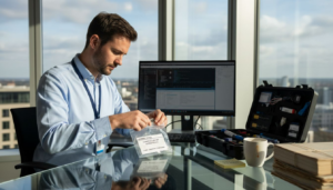 Forensic expert preparing evidence in UK office